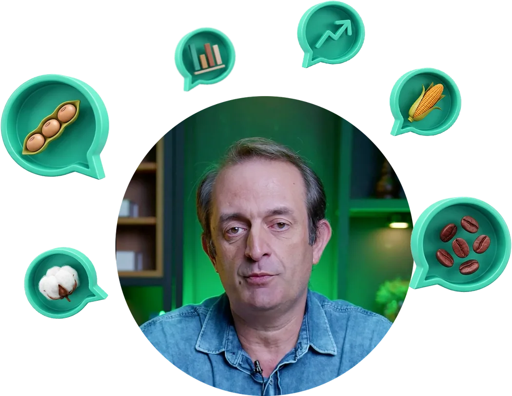 Anderson, especialista de mercado da Sapiens Agro, cercado por balões com ícones de soja, milho, café, algodão e gráficos