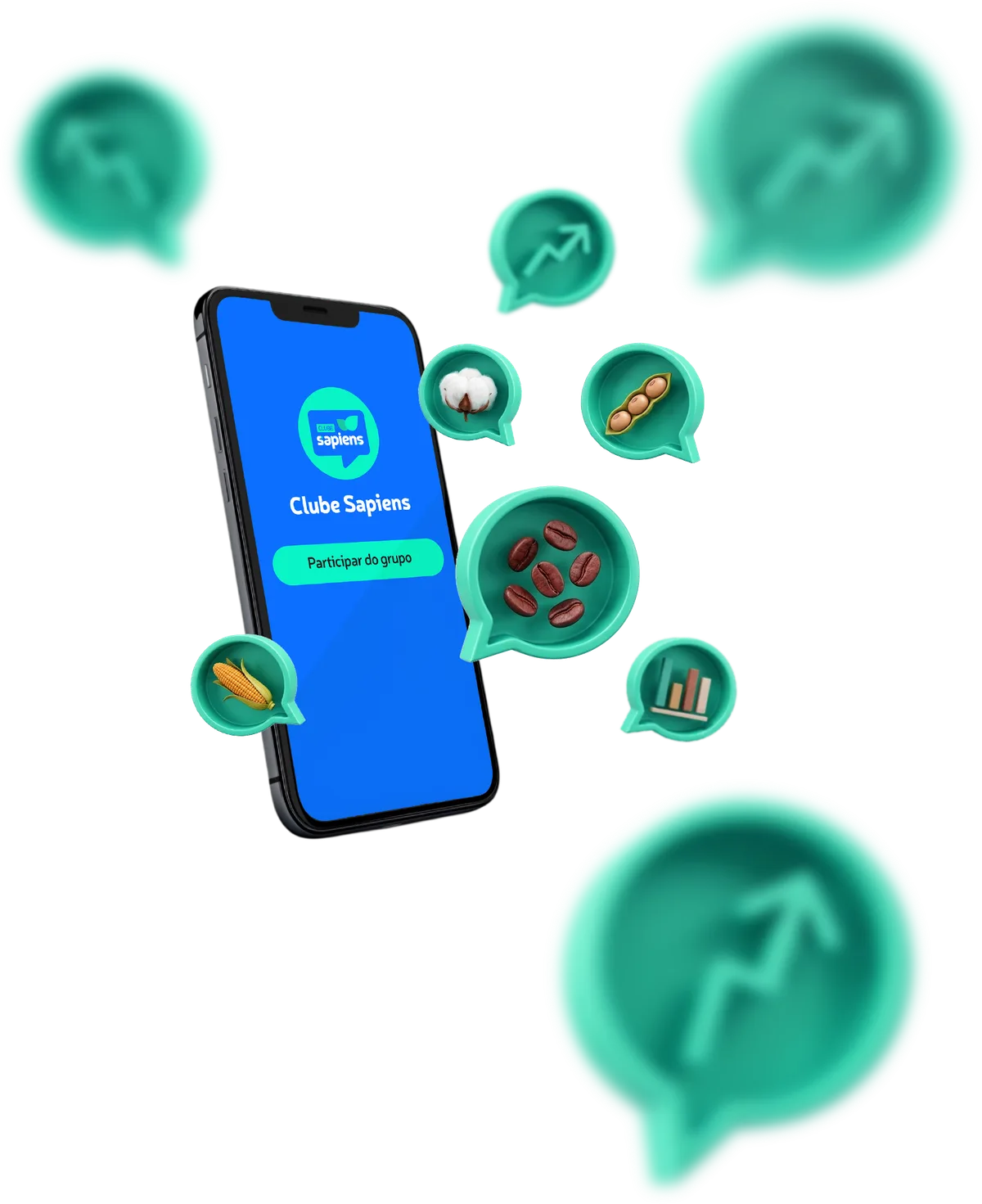 Celular exibindo o grupo do Clube Sapiens no WhatsApp, cercado por balões com ícones de soja, milho, café, algodão e gráficos de mercado